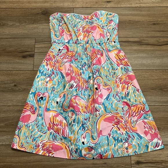 Lilly Pulitzer Wyatt Strapless Mini Dress SZ 4 Pink Blue Peel and Eat Flamingo - Picture 1 of 16